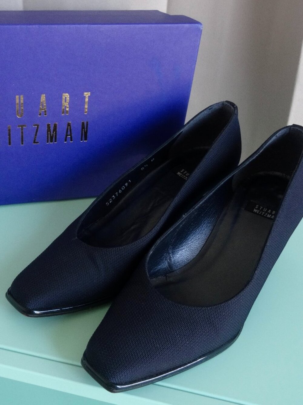 VTG Vintage Stuart Weitzman Navy Denim Square Toe Heel Made in Spain Size 5.5